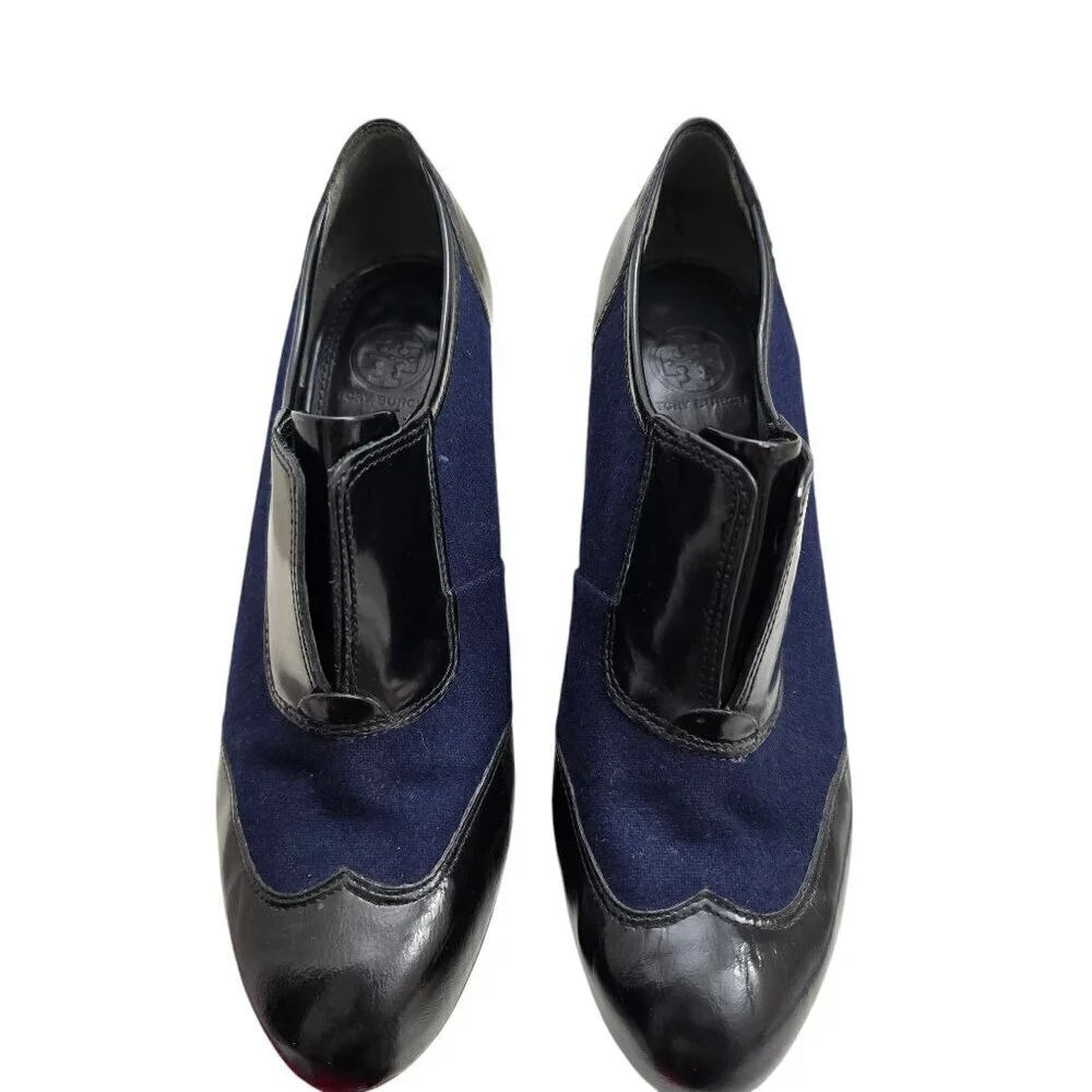 Tory Burch Ankle Wingtip Bootie Heels Navy Blue and Black